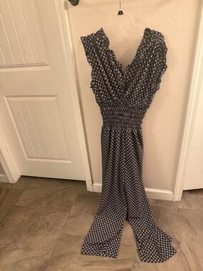 Max Studio Black Navy Floral Ruffle-Trim Jumpsuit